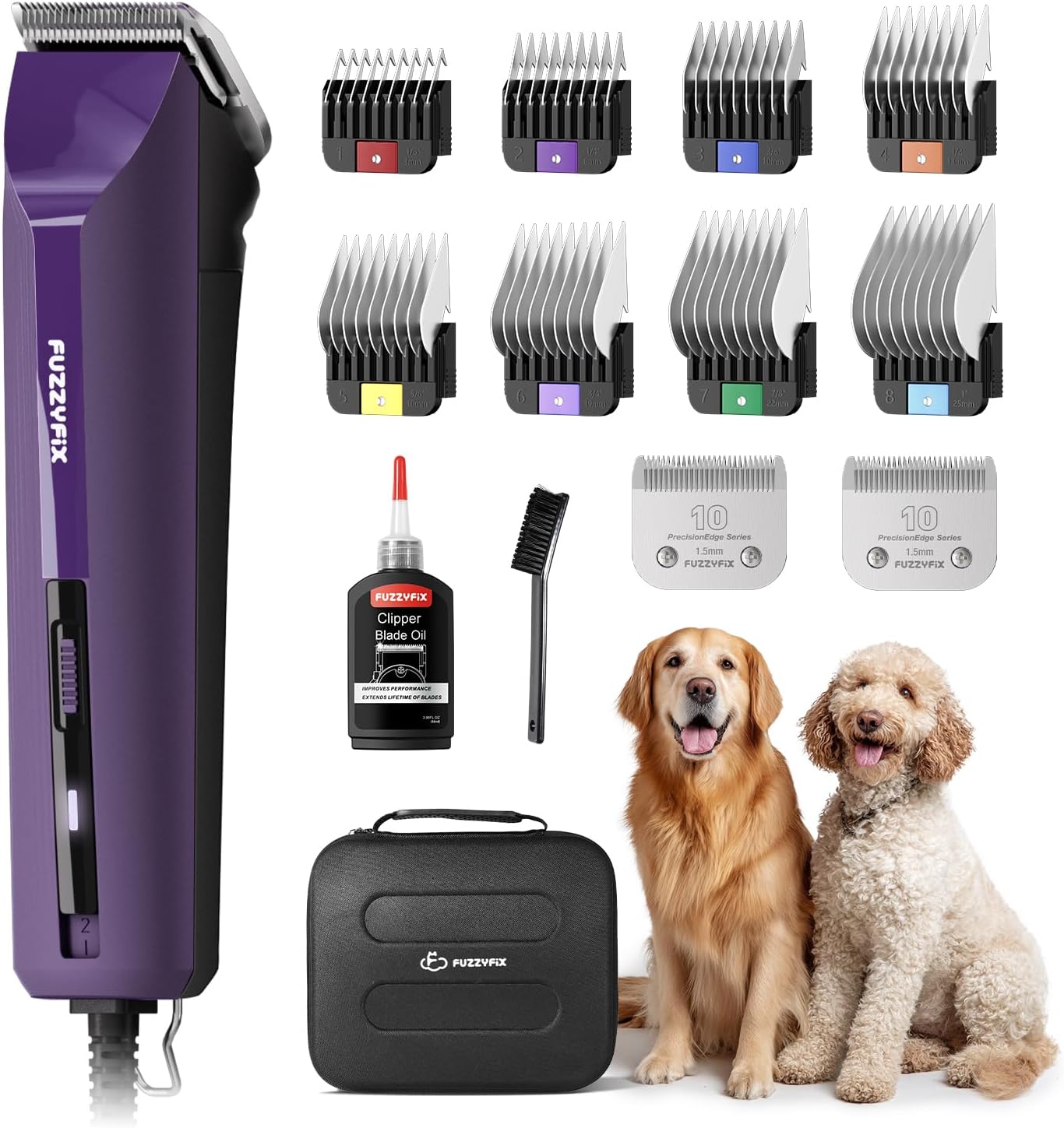 AmpFix Professional Dog/Pet Grooming Clippers - 2-Speed Heavy-Duty Motor, 2 Detachable Blade 8 Metal Combs, 10ft Cord, Runs Cool & Quiet, Anti-Slip Shatter-Proof Housing for All Animal Coats