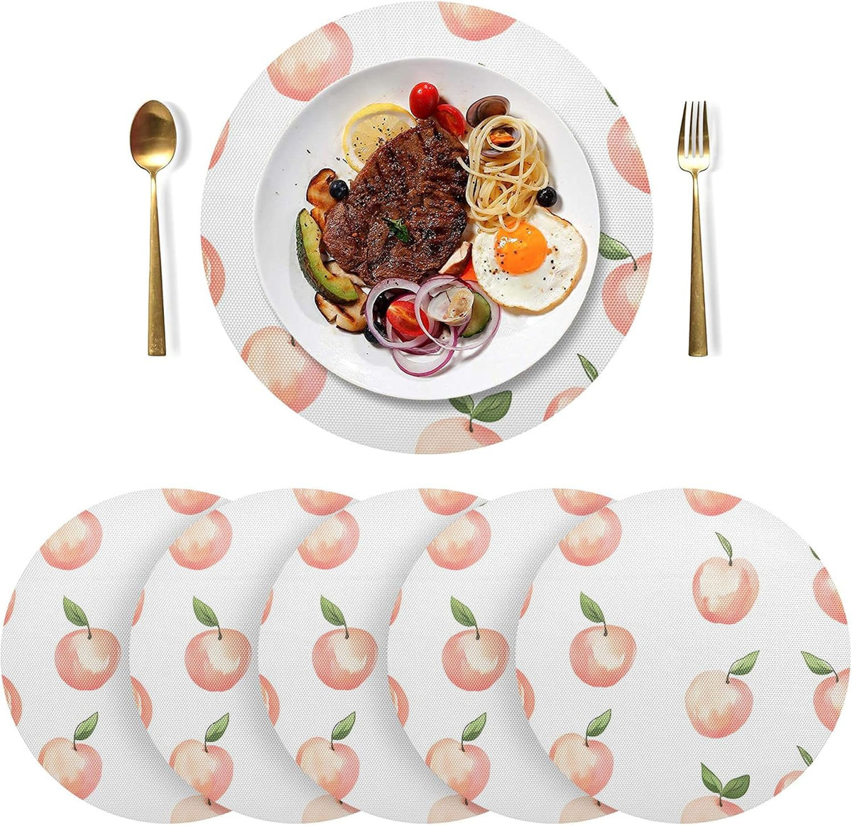 Peach Pattern Round Placemats Set of 4 for Dining Kitchen Party Decoration, Heat-Resistant Non-Slip Washable Place Mats for Coffee Bar Accessories