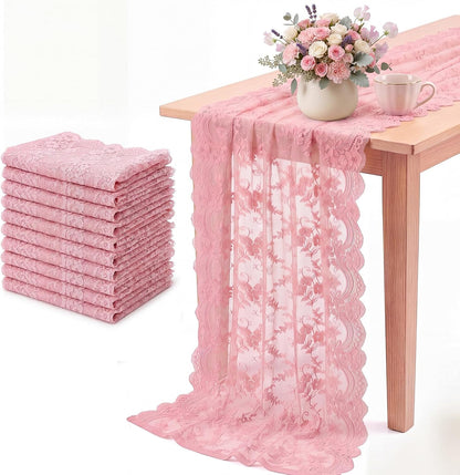 10 Pcs Lace Table Runner Floral, 31.5''x120'', Rose Pink