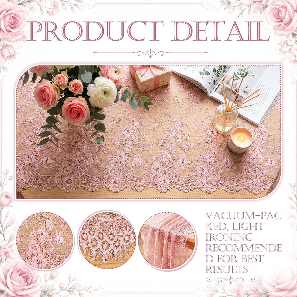 10 Pcs Lace Table Runner Floral, 31.5''x120'', Rose Pink