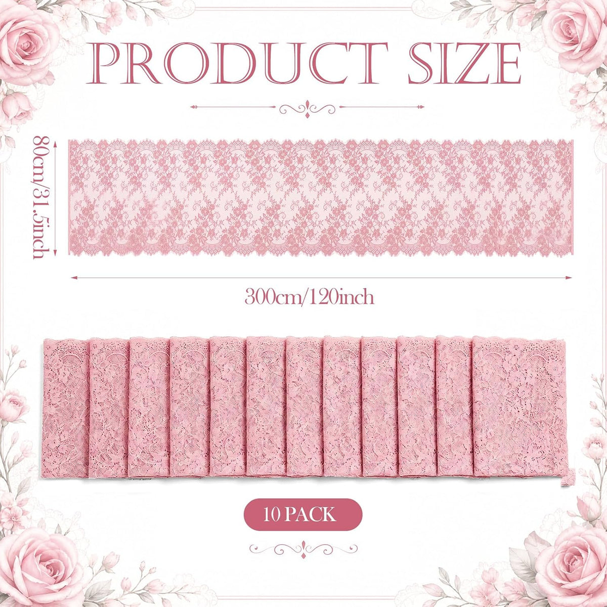 10 Pcs Lace Table Runner Floral, 31.5''x120'', Rose Pink