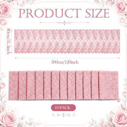 10 Pcs Lace Table Runner Floral, 31.5''x120'', Rose Pink