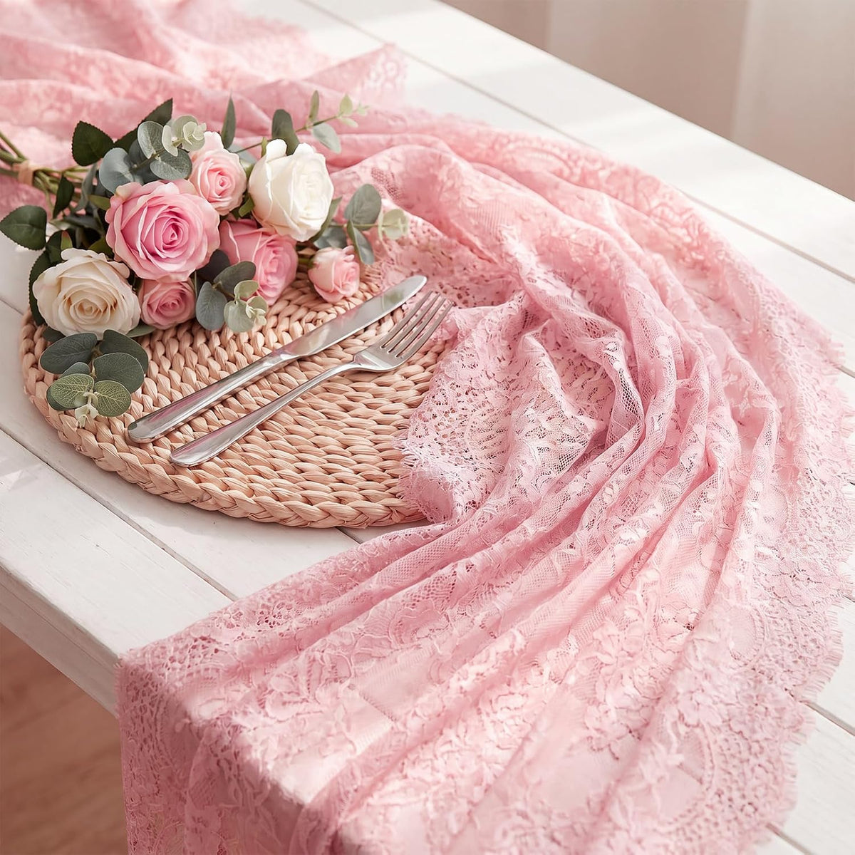 10 Pcs Lace Table Runner Floral, 31.5''x120'', Rose Pink