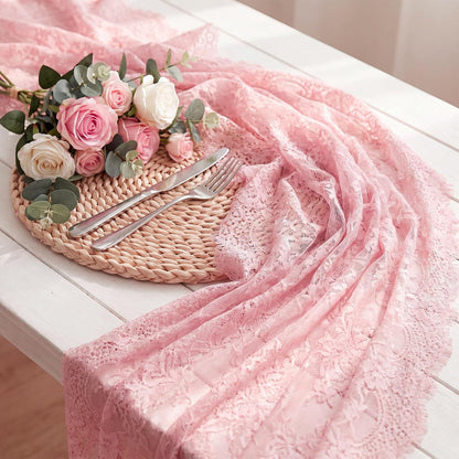 10 Pcs Lace Table Runner Floral, 31.5''x120'', Rose Pink
