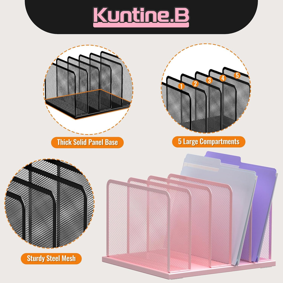 5-Section Upright Desk File Organizer Pink 1 Pack