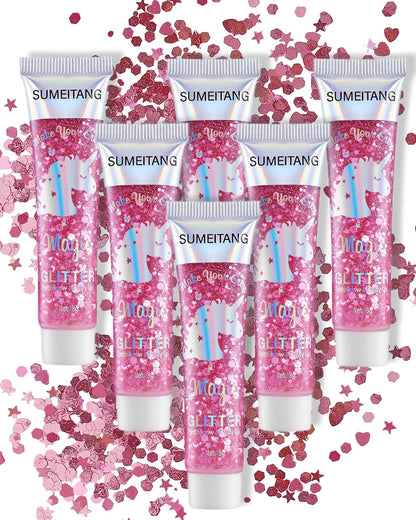 6PCS Red Hair Body Glitter Gel, Holographic Chunky Sequins