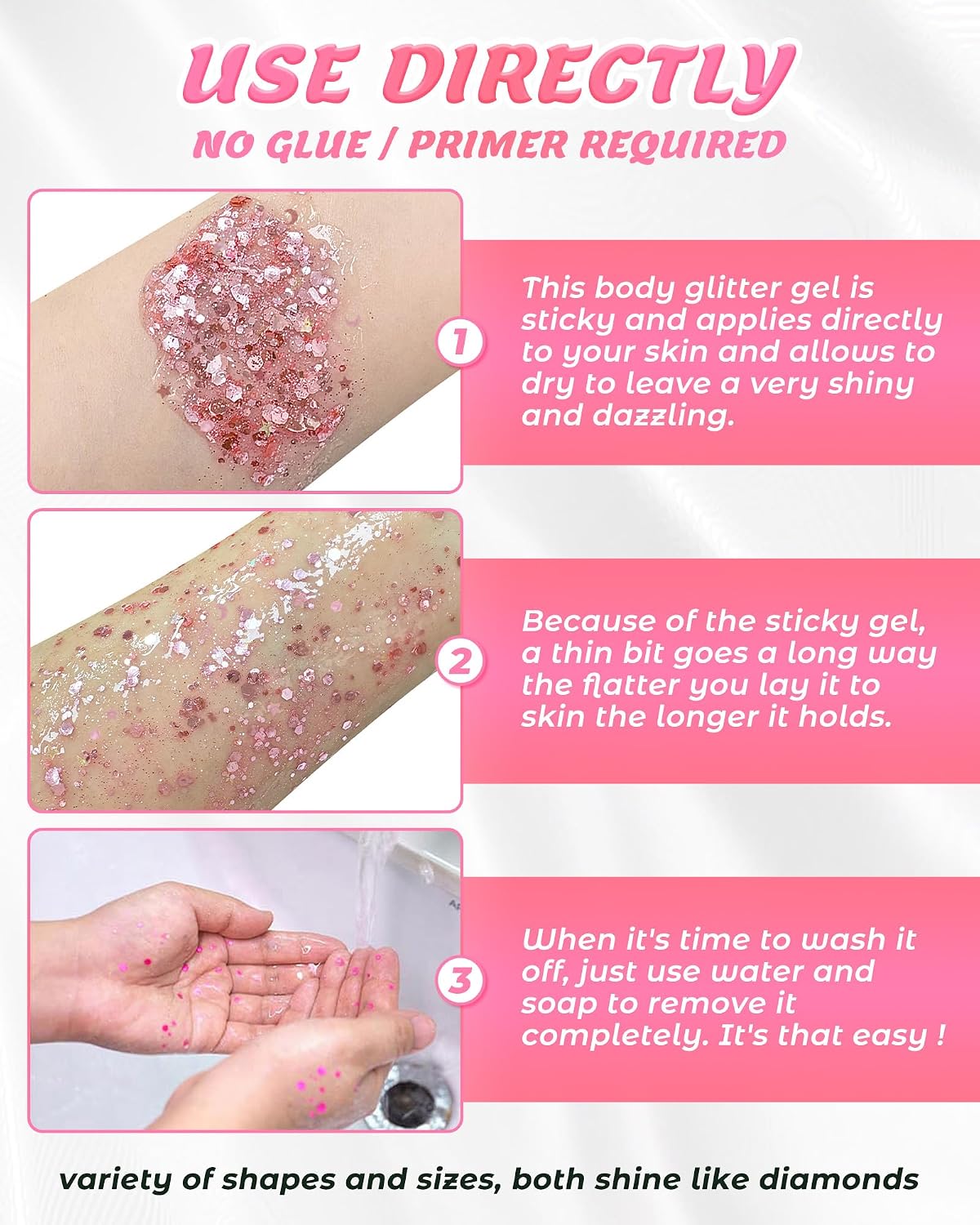 6PCS Red Hair Body Glitter Gel, Holographic Chunky Sequins