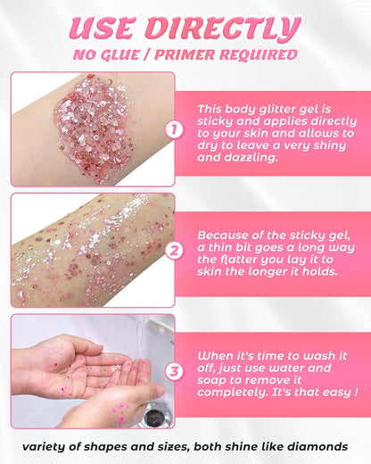 6PCS Red Hair Body Glitter Gel, Holographic Chunky Sequins