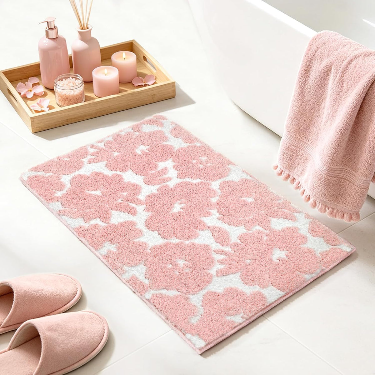 Pink and White Bathroom Rug, Tufted Flower Bath Mat for Bathroom with Non Slip TPR Backing, Quick Dry Microfiber Surface, Soft and Super Water Absorbent Bath Rug, 31x20Inch