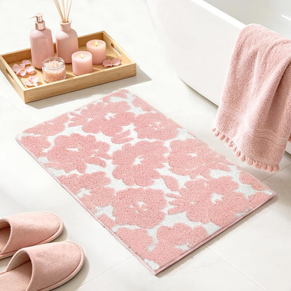 Pink and White Bathroom Rug, Tufted Flower Bath Mat for Bathroom with Non Slip TPR Backing, Quick Dry Microfiber Surface, Soft and Super Water Absorbent Bath Rug, 31x20Inch