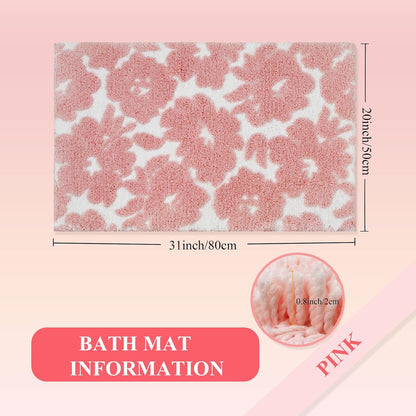 Pink and White Bathroom Rug, Tufted Flower Bath Mat for Bathroom with Non Slip TPR Backing, Quick Dry Microfiber Surface, Soft and Super Water Absorbent Bath Rug, 31x20Inch