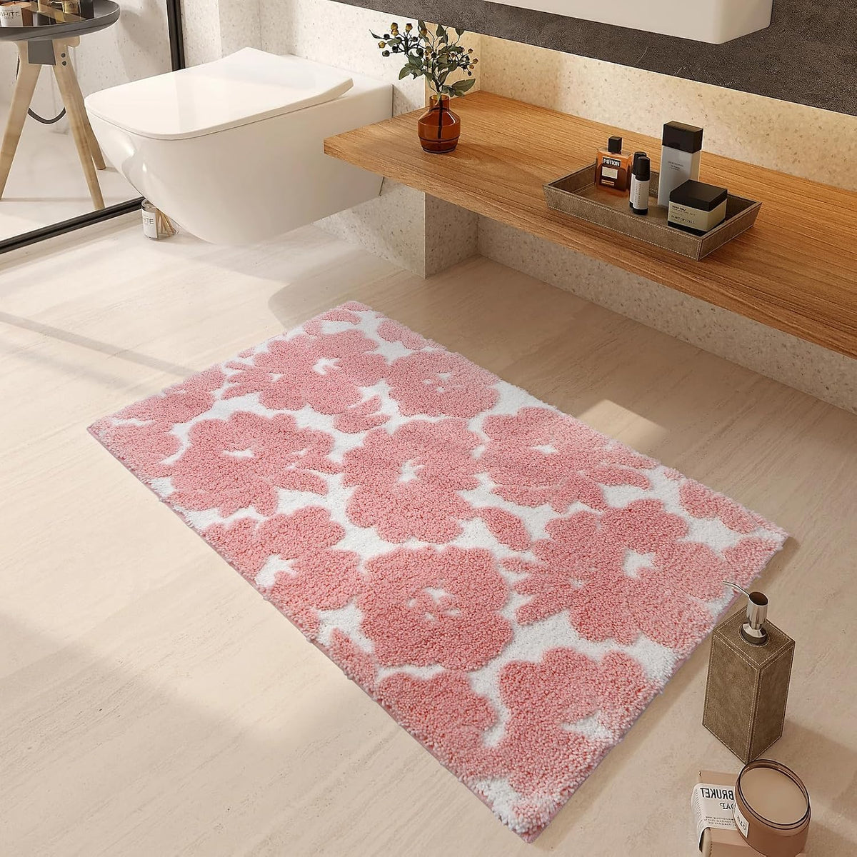 Pink and White Bathroom Rug, Tufted Flower Bath Mat for Bathroom with Non Slip TPR Backing, Quick Dry Microfiber Surface, Soft and Super Water Absorbent Bath Rug, 31x20Inch