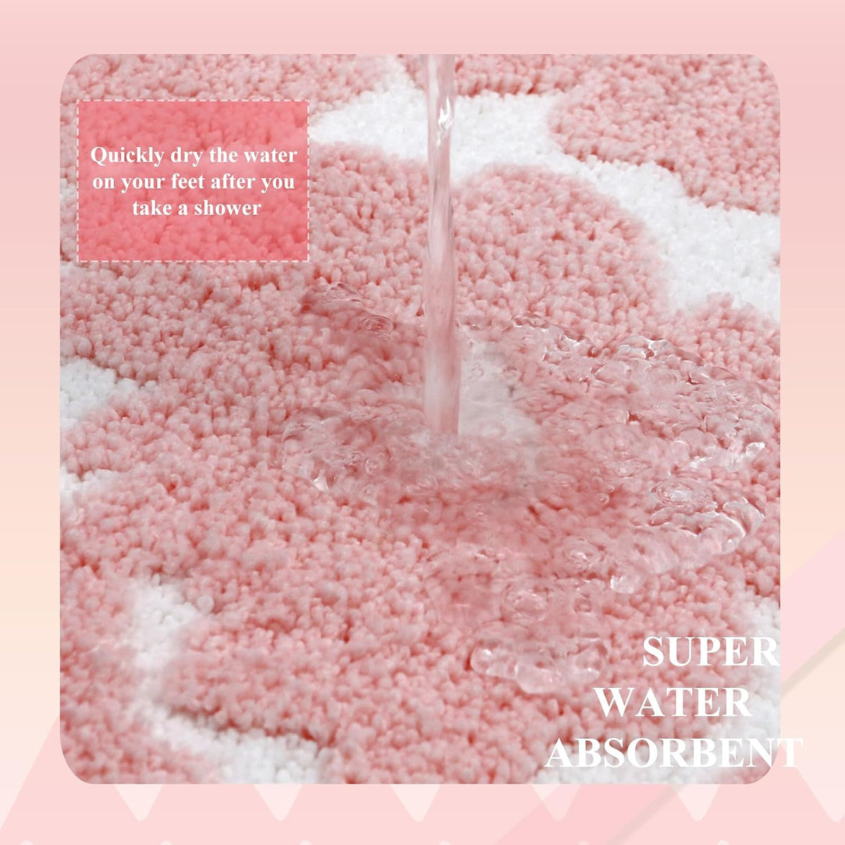 Pink and White Bathroom Rug, Tufted Flower Bath Mat for Bathroom with Non Slip TPR Backing, Quick Dry Microfiber Surface, Soft and Super Water Absorbent Bath Rug, 31x20Inch