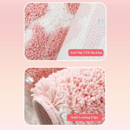 Pink and White Bathroom Rug, Tufted Flower Bath Mat for Bathroom with Non Slip TPR Backing, Quick Dry Microfiber Surface, Soft and Super Water Absorbent Bath Rug, 31x20Inch
