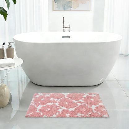 Pink and White Bathroom Rug, Tufted Flower Bath Mat for Bathroom with Non Slip TPR Backing, Quick Dry Microfiber Surface, Soft and Super Water Absorbent Bath Rug, 31x20Inch