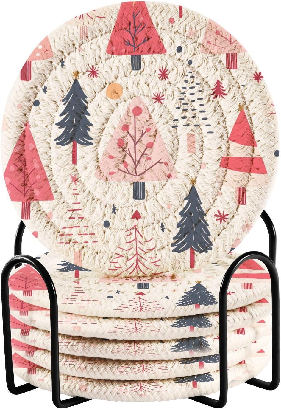 Pink Christmas Tree Pattern Coasters Set of 6 - with Holder, Coasters for Drinks, Woven Coaster Set for Home Decor Tabletop Protection Suitable for Kinds of Cups, 3.94 Inch