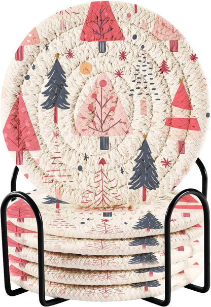 Pink Christmas Tree Pattern Coasters Set of 6 - with Holder, Coasters for Drinks, Woven Coaster Set for Home Decor Tabletop Protection Suitable for Kinds of Cups, 3.94 Inch