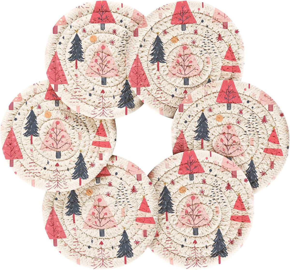 Pink Christmas Tree Pattern Coasters Set of 6 - with Holder, Coasters for Drinks, Woven Coaster Set for Home Decor Tabletop Protection Suitable for Kinds of Cups, 3.94 Inch