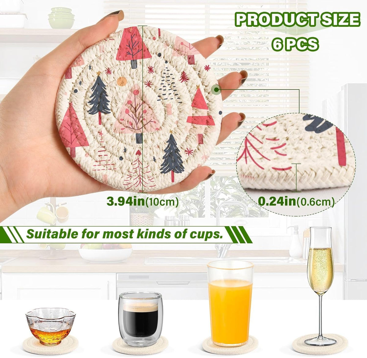 Pink Christmas Tree Pattern Coasters Set of 6 - with Holder, Coasters for Drinks, Woven Coaster Set for Home Decor Tabletop Protection Suitable for Kinds of Cups, 3.94 Inch