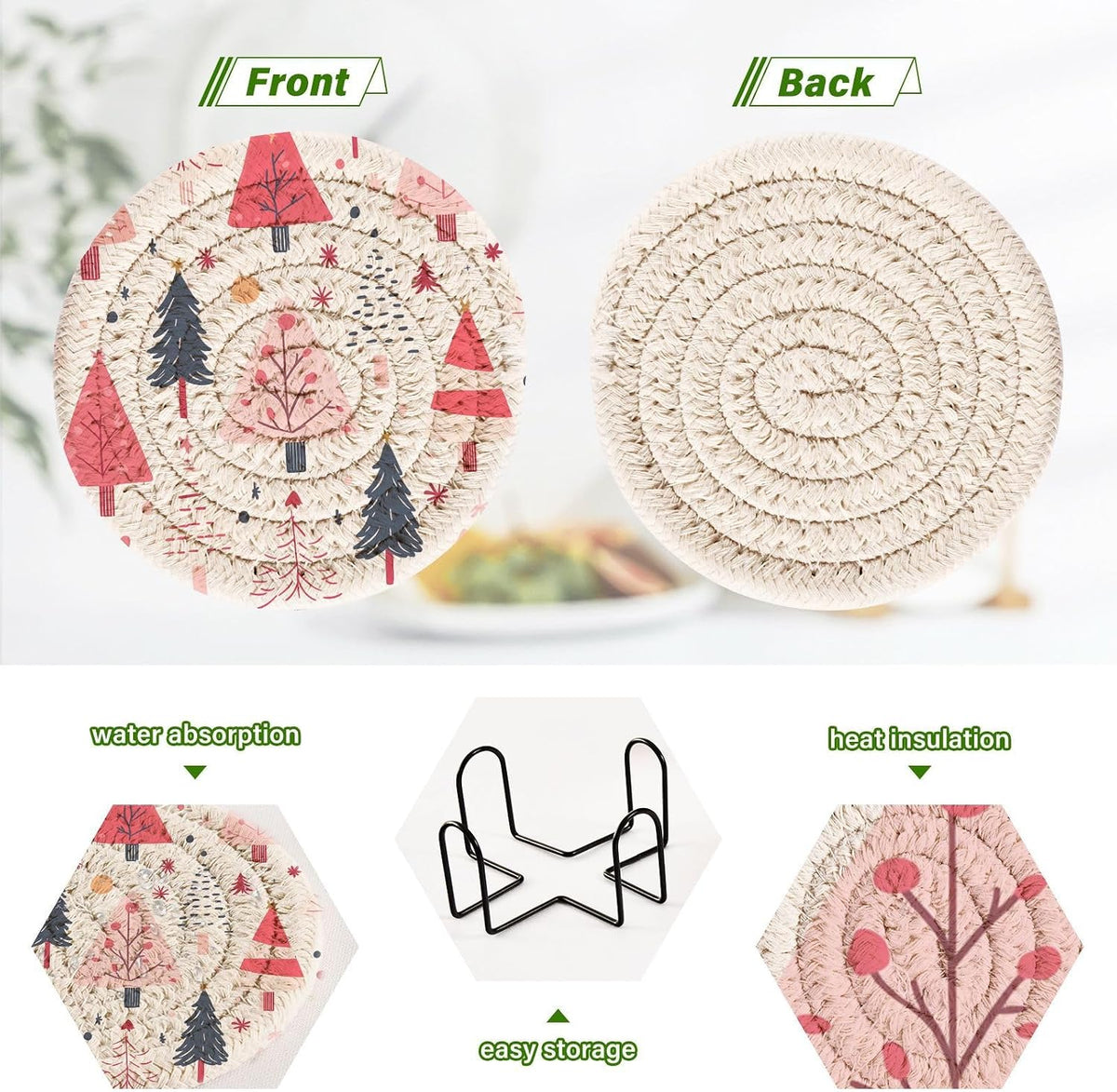 Pink Christmas Tree Pattern Coasters Set of 6 - with Holder, Coasters for Drinks, Woven Coaster Set for Home Decor Tabletop Protection Suitable for Kinds of Cups, 3.94 Inch