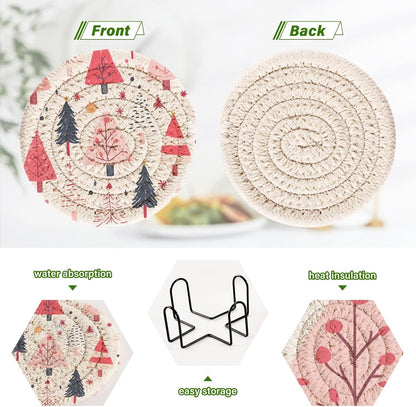 Pink Christmas Tree Pattern Coasters Set of 6 - with Holder, Coasters for Drinks, Woven Coaster Set for Home Decor Tabletop Protection Suitable for Kinds of Cups, 3.94 Inch