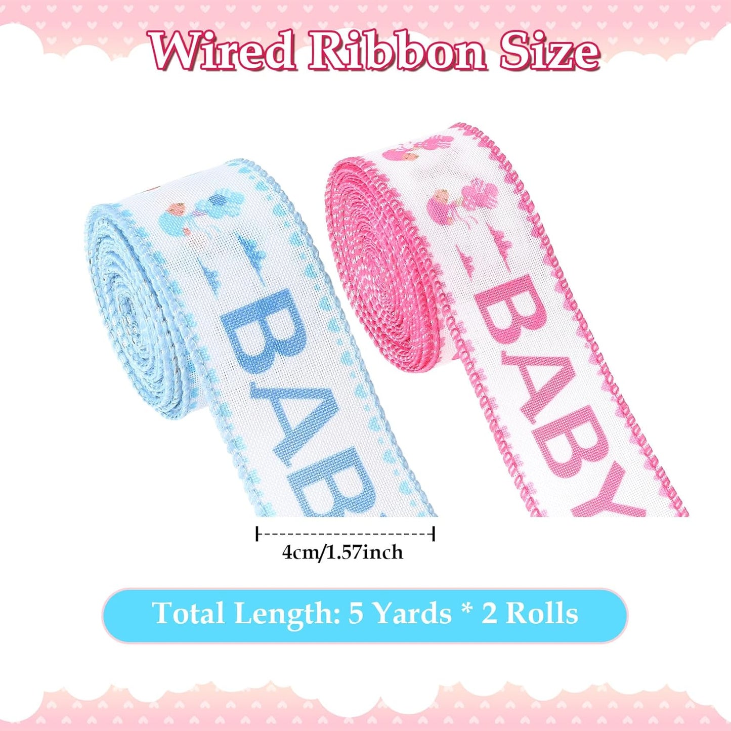 Baby Pink and Blue Wired Ribbon Baby Shower Ribbon 1 1/2 Inch 10 Yards Gender Reveal Ribbons for DIY Crafts Nursery Decor Newborn Party Supplies Gift Wrapping Diaper Cake Bow Making 2 Rolls