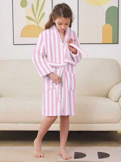 Girls Robe, Shawl Collar Fuzzy Fleece Bathrobes with Belt and Pockets for Kids Boys, 2-15 Years