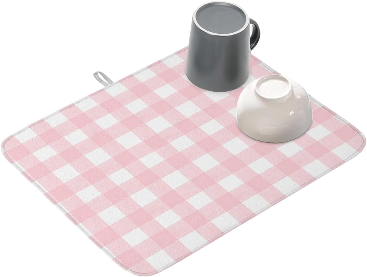 Dish Drying Mat for Kitchen Counter,Pink White Buffalo Plaid Absorbent Microfiber Drainer Rack Pad Modern Geometric Checkered Quick Dry Mat for Sinks Dishes Utensils 16x18in,1 Pack