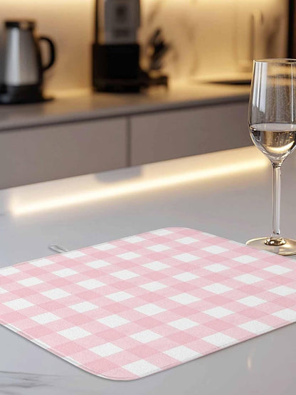 Dish Drying Mat for Kitchen Counter,Pink White Buffalo Plaid Absorbent Microfiber Drainer Rack Pad Modern Geometric Checkered Quick Dry Mat for Sinks Dishes Utensils 16x18in,1 Pack