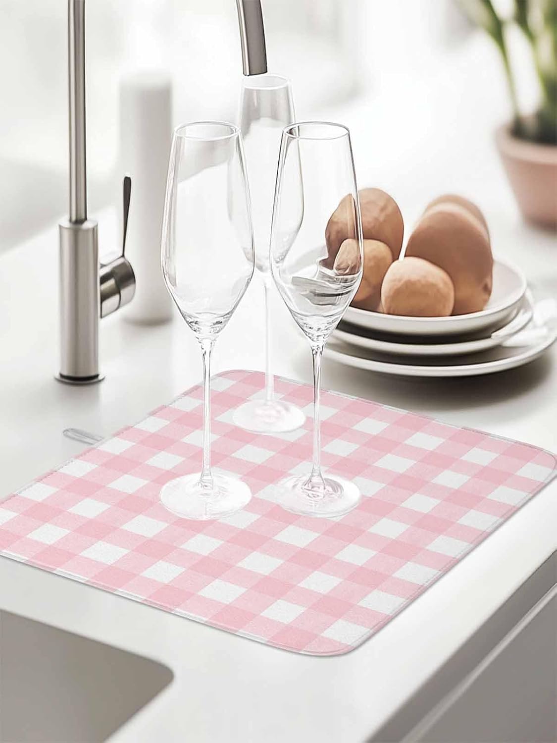 Dish Drying Mat for Kitchen Counter,Pink White Buffalo Plaid Absorbent Microfiber Drainer Rack Pad Modern Geometric Checkered Quick Dry Mat for Sinks Dishes Utensils 16x18in,1 Pack