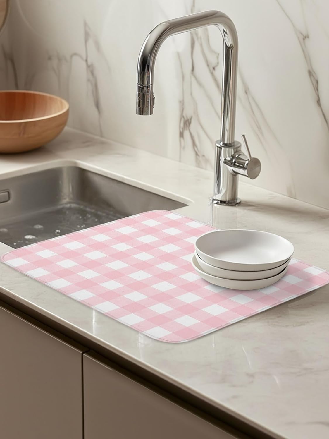 Dish Drying Mat for Kitchen Counter,Pink White Buffalo Plaid Absorbent Microfiber Drainer Rack Pad Modern Geometric Checkered Quick Dry Mat for Sinks Dishes Utensils 16x18in,1 Pack