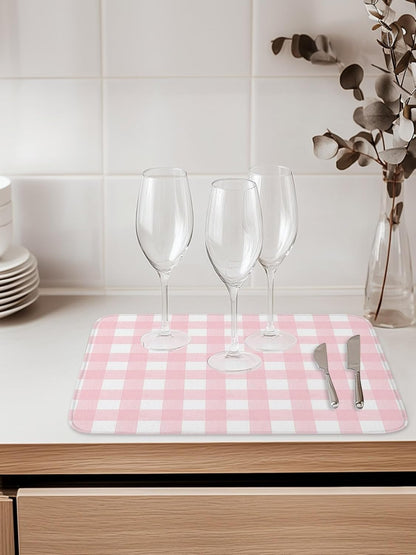 Dish Drying Mat for Kitchen Counter,Pink White Buffalo Plaid Absorbent Microfiber Drainer Rack Pad Modern Geometric Checkered Quick Dry Mat for Sinks Dishes Utensils 16x18in,1 Pack