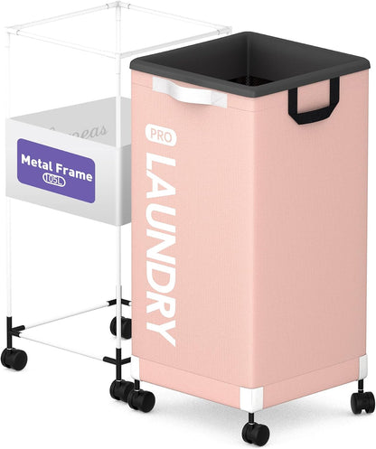 Next-Gen 105L Matel Frame Laundry Basket with wheels, Heavy Duty Tall Rolling Laundry Hamper with Removable Wash Bag, Collapsible Freestanding Clothes Hamper For Laundry Room (105L,Pink,1Pack)