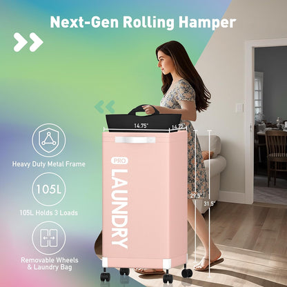Next-Gen 105L Matel Frame Laundry Basket with wheels, Heavy Duty Tall Rolling Laundry Hamper with Removable Wash Bag, Collapsible Freestanding Clothes Hamper For Laundry Room (105L,Pink,1Pack)