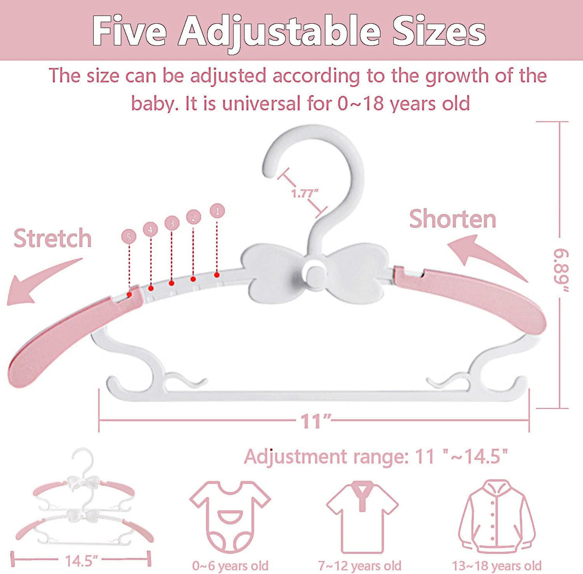 Baby Hangers for Closet 20pcs, Pink Kids Clothes Hanger Plastic, 11-14.5" Adjustable Perchas for Child Dresses, Non-Slip Children Bow Hanger for Girl Toddler Infant Nursery Newborn Clothing