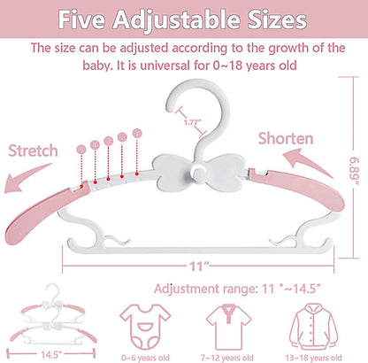 Baby Hangers for Closet 20pcs, Pink Kids Clothes Hanger Plastic, 11-14.5" Adjustable Perchas for Child Dresses, Non-Slip Children Bow Hanger for Girl Toddler Infant Nursery Newborn Clothing