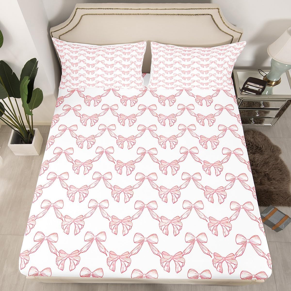Kids Pink Bows Sheet Set Queen Size Cute Bow Ribbon Sheets with Deep Pocket Fitted Sheet for Boys Girls Adults Princess Style Bed Sheets Set Bedding Set Bed Set, 4Pcs