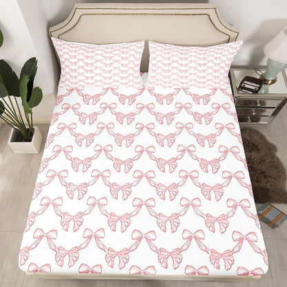 Kids Pink Bows Sheet Set Queen Size Cute Bow Ribbon Sheets with Deep Pocket Fitted Sheet for Boys Girls Adults Princess Style Bed Sheets Set Bedding Set Bed Set, 4Pcs