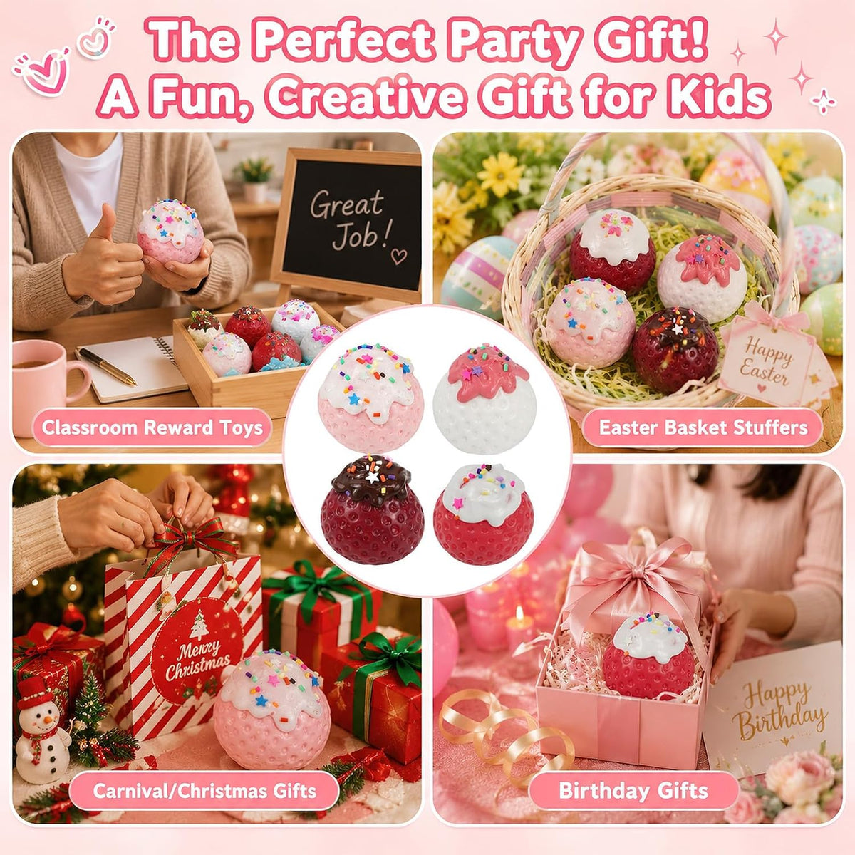 4Pcs Big Squishies Strawberry, Cute Cream Strawberry Squeeze Toys