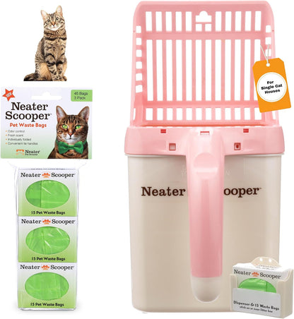 Neater Scooper Standard Cat Litter Scoop, 60 Refill Bags – Mess-Free Cat Litter Scooper with Bag, Spill-Proof Kitty Box Sifter, Bin Doubles as Scoop Holder, For Single-Cat Households