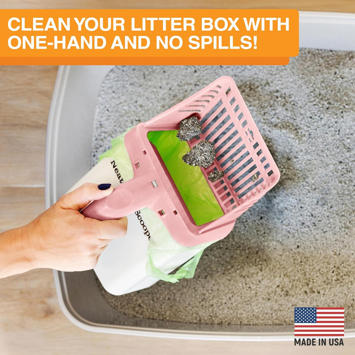 Neater Scooper Standard Cat Litter Scoop, 60 Refill Bags – Mess-Free Cat Litter Scooper with Bag, Spill-Proof Kitty Box Sifter, Bin Doubles as Scoop Holder, For Single-Cat Households
