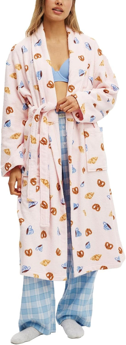 Women Striped Plush Soft Long Towel Robe Shawl Collar Bathrobe Lightweight Warm Gown with Belt