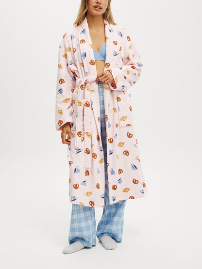 Women Striped Plush Soft Long Towel Robe Shawl Collar Bathrobe Lightweight Warm Gown with Belt