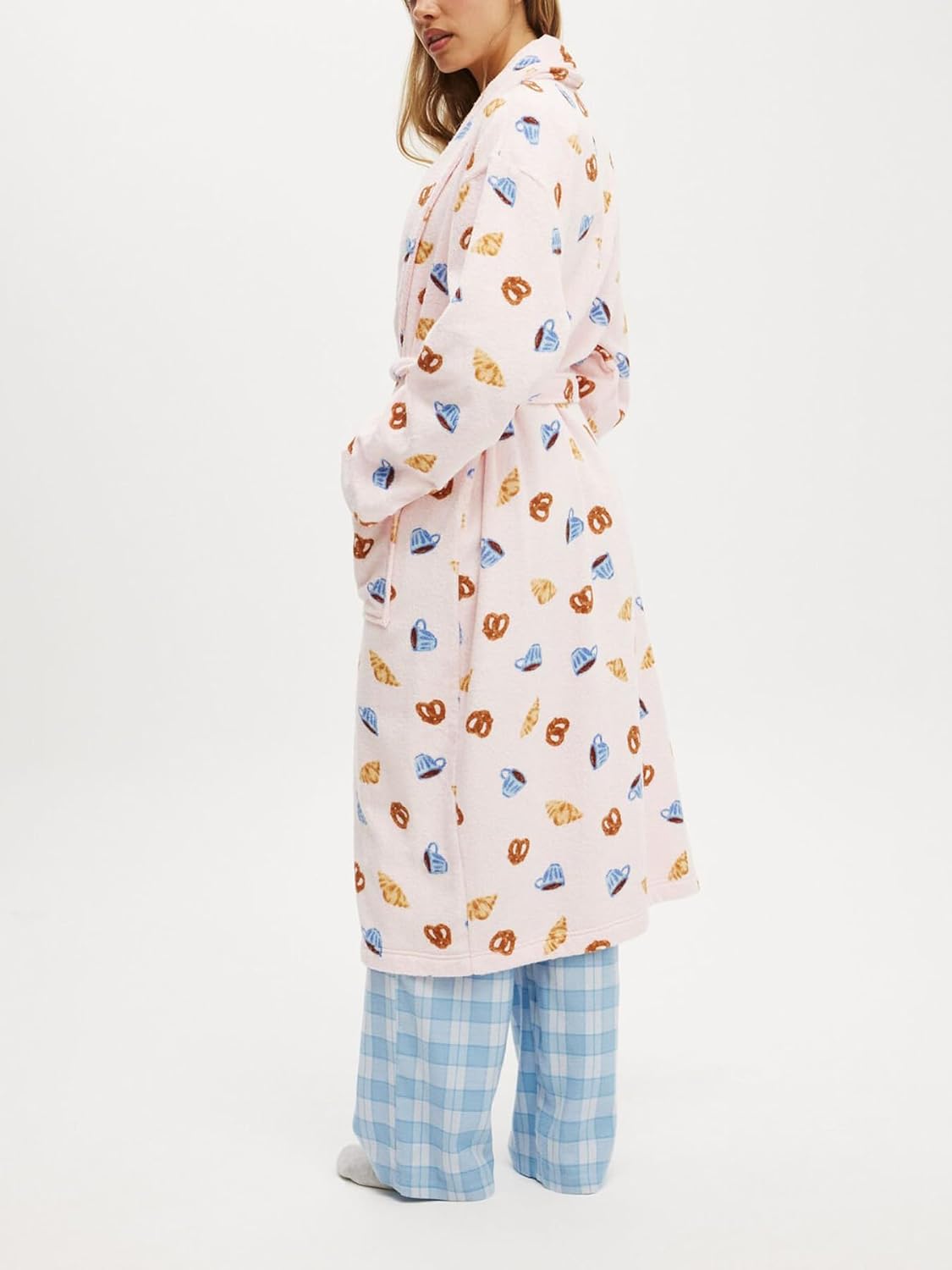 Women Striped Plush Soft Long Towel Robe Shawl Collar Bathrobe Lightweight Warm Gown with Belt
