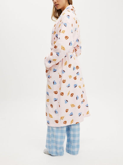 Women Striped Plush Soft Long Towel Robe Shawl Collar Bathrobe Lightweight Warm Gown with Belt