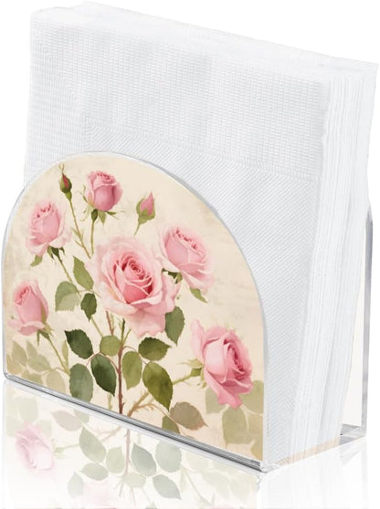 Pink Rose Napkin Stand Acrylic Tissue Holder Organizer Flowers Paper Napkins Holders for Kitchen Serviette Holder Dispenser Home Dining Room Dinner Party Farmhouse Table Decoration Gifts