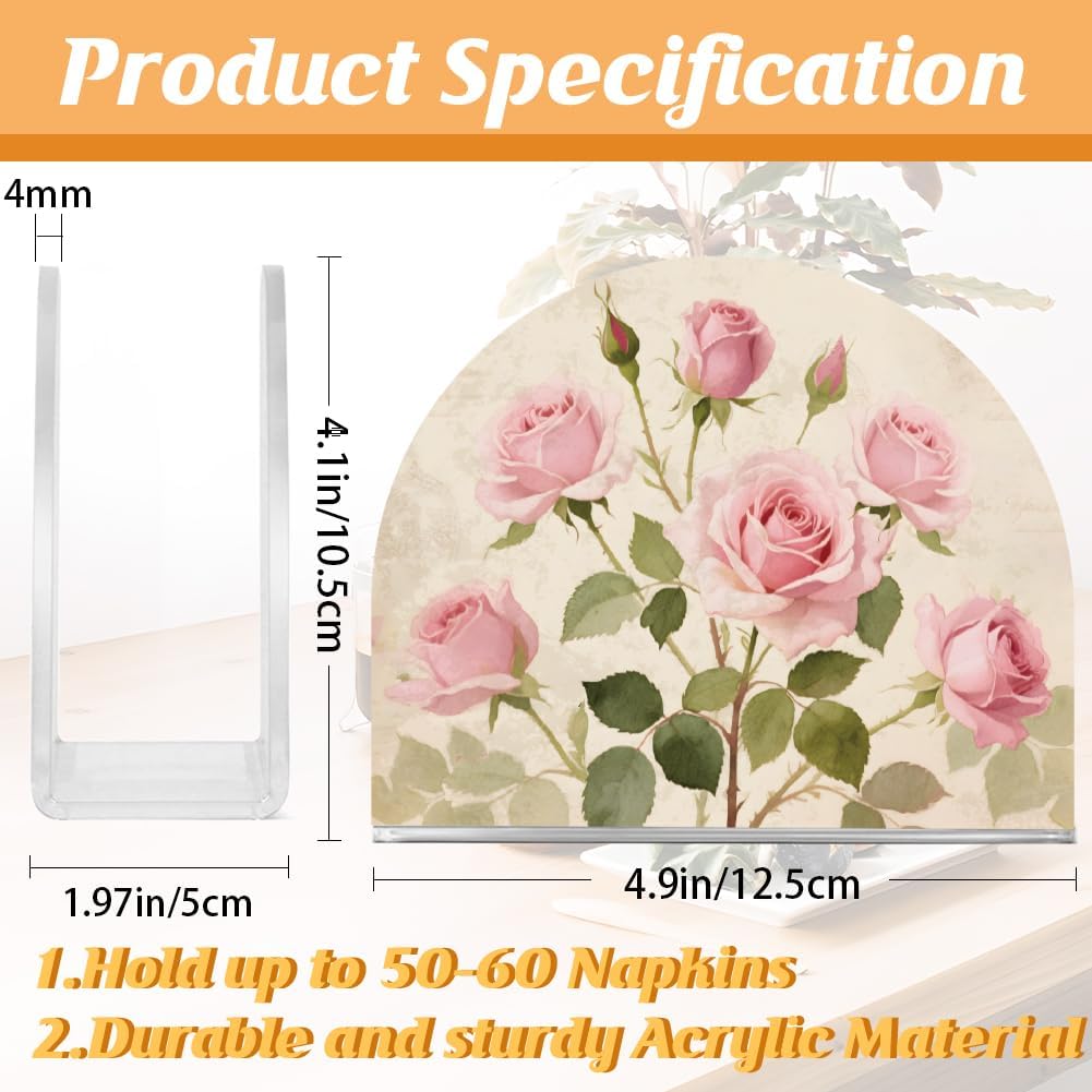 Pink Rose Napkin Stand Acrylic Tissue Holder Organizer Flowers Paper Napkins Holders for Kitchen Serviette Holder Dispenser Home Dining Room Dinner Party Farmhouse Table Decoration Gifts