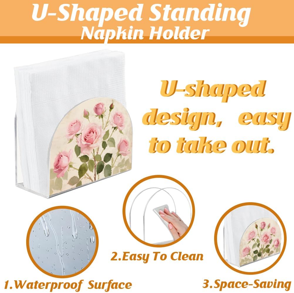 Pink Rose Napkin Stand Acrylic Tissue Holder Organizer Flowers Paper Napkins Holders for Kitchen Serviette Holder Dispenser Home Dining Room Dinner Party Farmhouse Table Decoration Gifts