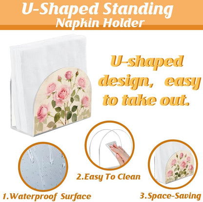 Pink Rose Napkin Stand Acrylic Tissue Holder Organizer Flowers Paper Napkins Holders for Kitchen Serviette Holder Dispenser Home Dining Room Dinner Party Farmhouse Table Decoration Gifts