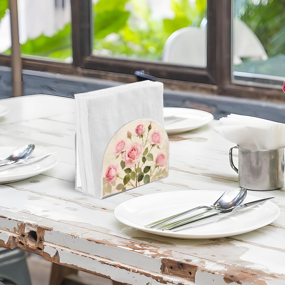 Pink Rose Napkin Stand Acrylic Tissue Holder Organizer Flowers Paper Napkins Holders for Kitchen Serviette Holder Dispenser Home Dining Room Dinner Party Farmhouse Table Decoration Gifts